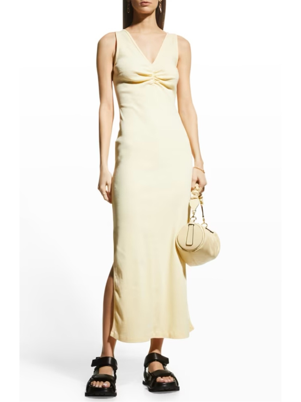 MM6 Maison Margiela Ruched Tank Maxi Dress L Yellow Ribbed Knit Sleeveless